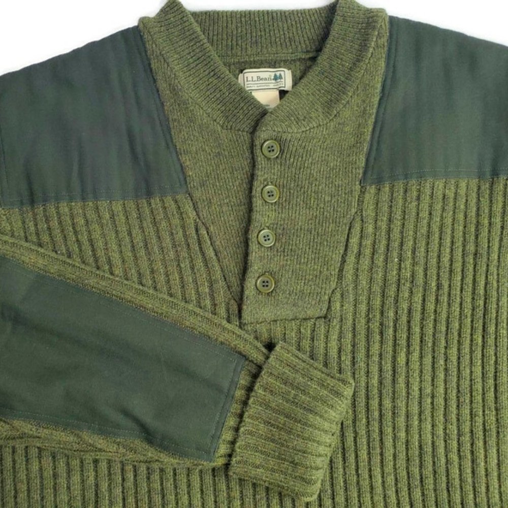 LL Bean Men's Large Merino Lambs Wool Military Hunting Elbow Patch Sweater Green